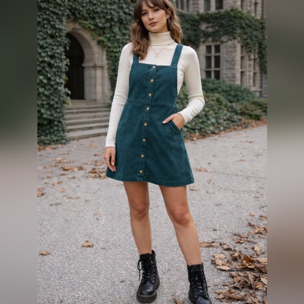 SHEIN Teal Corduroy Button-Front Overall Dress Pinafore Mini Coverall Cottagecor
